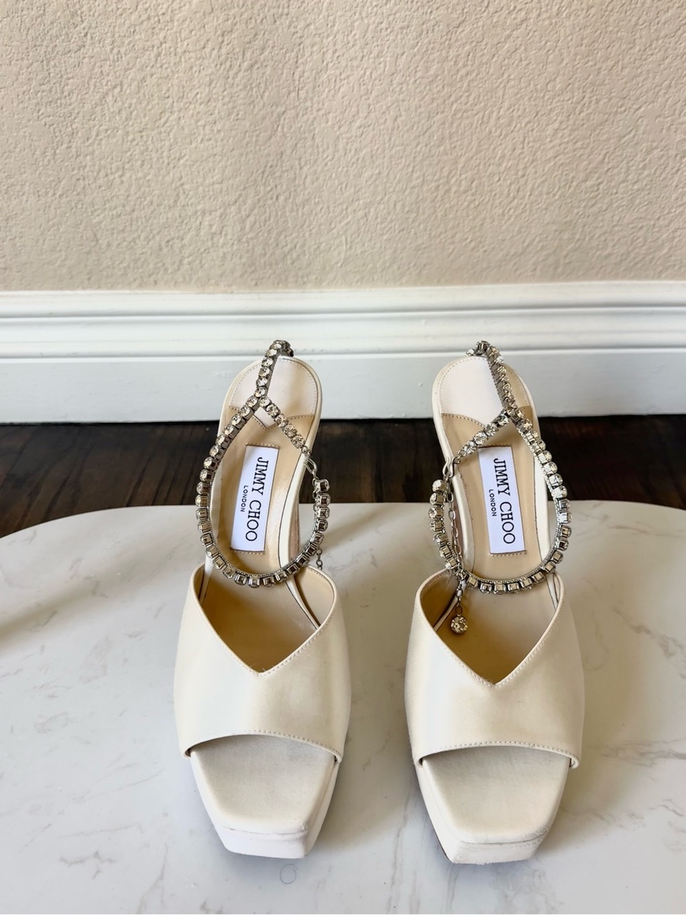 Jimmy Choo White Platform High Heel Sandals with Rhinestone Ankle Chain - Picture 5 of 16